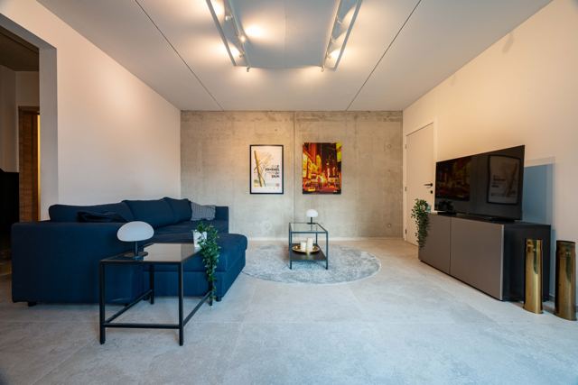 Salon du rez-de-chaussée, murs en béton brut